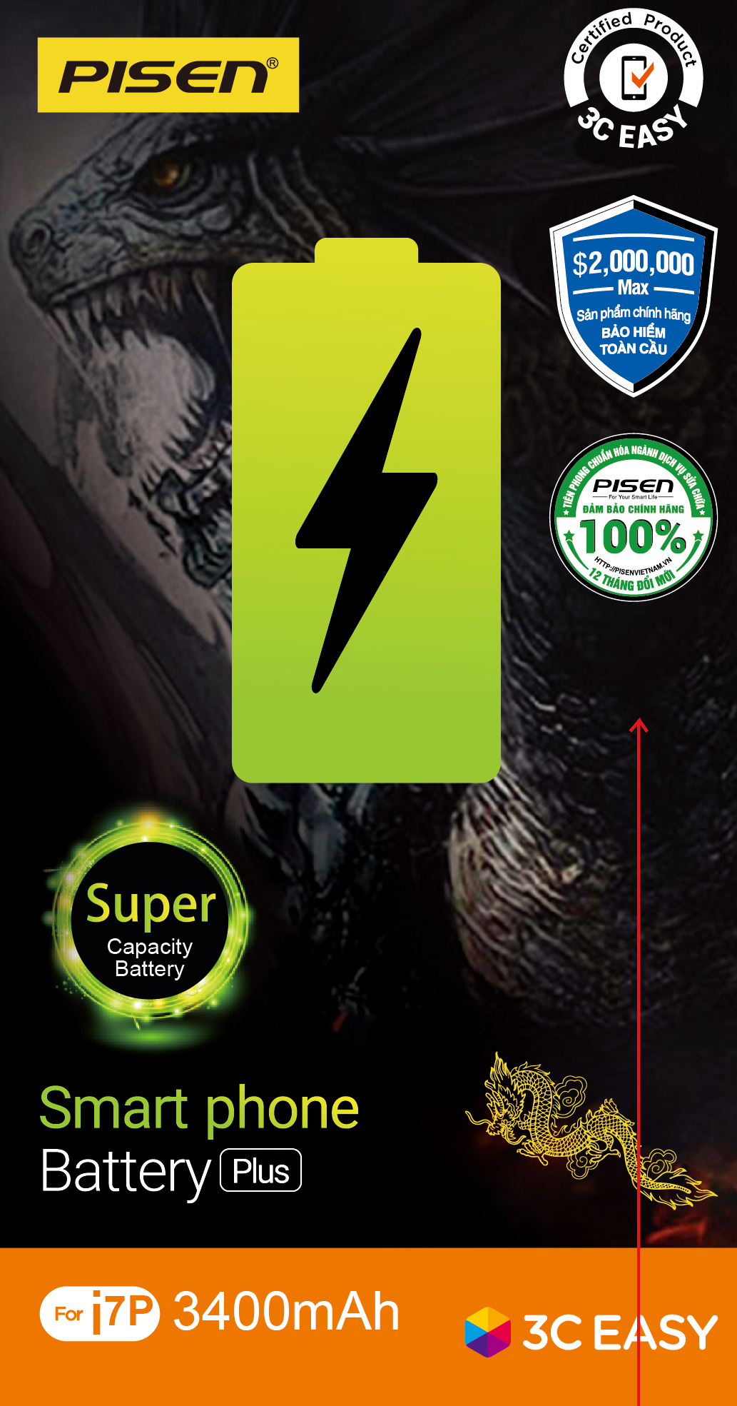 Pin iPhone 7 Plus Chính Hãng PISEN (Dung lượng siêu cao 3400mAh)