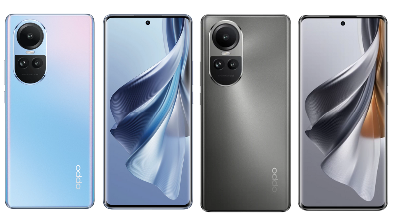 OPPO Reno 10 màu Ice Blue - xanh lấp lánh và Silvery Grey – màu xám bạc