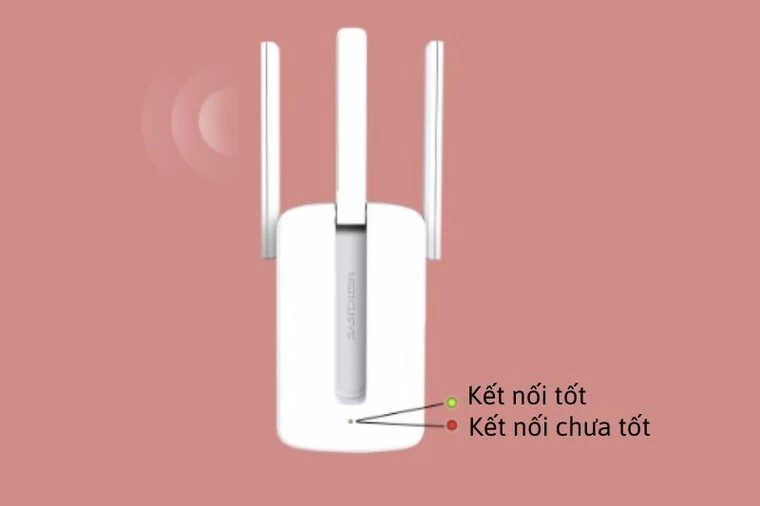 Thiết bị mở rộng sóng Wifi Chuẩn N Mercusys MW300RE Đèn báo màu vàng thể hiện cho kết nối tốt và màu đỏ biểu thị kết nối chưa tốt.