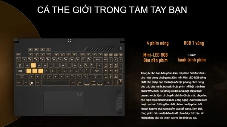 Laptop ASUS TUF Gaming F15 FX507VV-LP157W Thiết kế full-size, trang bị LED RGB tùy chỉnh qua phần mềm Armoury Crate.
