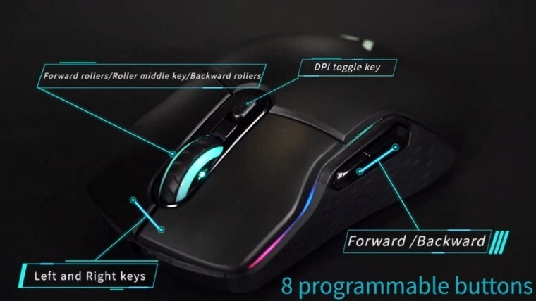 Chuột Gaming không dây Rapoo VT200 Có 6 nút lập trình, đa sắc RGB 16 triệu màu sắc.