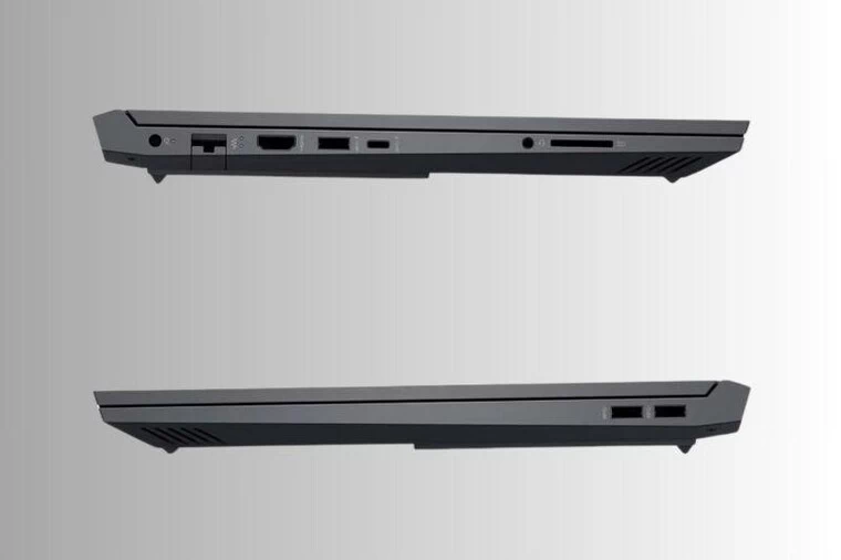 Laptop Gaming HP Victus 15-fa1155TX (952R1PA) 2 cổng USB Type A, 1 cổng USB Type C, 1 cổng HDMI 2.1, 1 cổng AC, 1 cổng RJ-45 và 1 jack tai nghe.