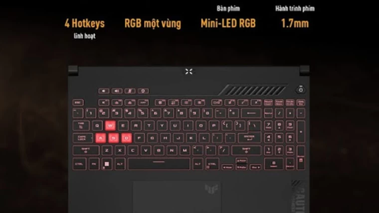 Laptop ASUS TUF Gaming A15 FA507NU Bàn phím gõ ổn định, hành trình ngắn, âm thanh gõ duy trì 30dB.