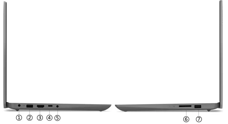 Laptop Lenovo Ideapad 3 14IAU7 1 cổng USB 2.0, 1 cổng USB 3.2 Gen 1, 1 cổng USB-C 3.2 Gen 1, 1 cổng HDMI, 1 đầu đọc thẻ nhớ, 1 cổng nguồn và 1 jack tai nghe 3.5mm.