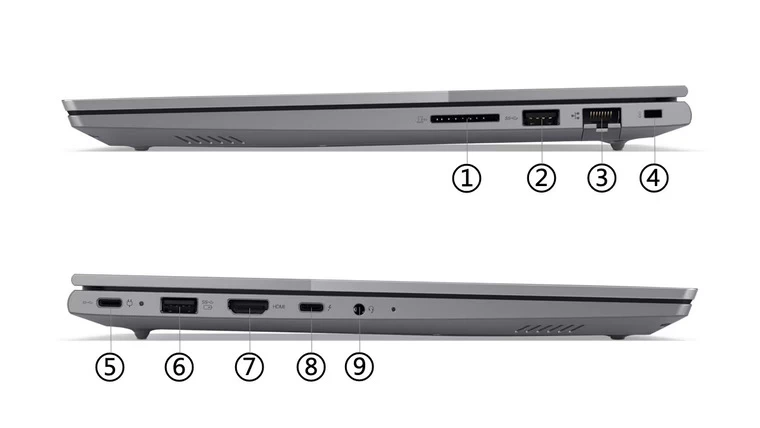 Laptop Lenovo ThinkBook 14 G6 IRL USB 3.2 Gen 1, USB-C 3.2 Gen 2 có hỗ trợ DisplayPort 1.4, ThunderBolt 4, HDMI 2.1, Ethernet, và jack cắm âm thanh, khe thẻ SD