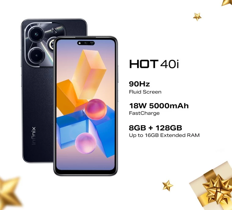 Infinix HOT 40i Wi-Fi 802.11 (a/b/g/n/ac) kết nối Bluetooth, kết nối với thiết bị khác qua cổng USB - C, jack 3.5mm.