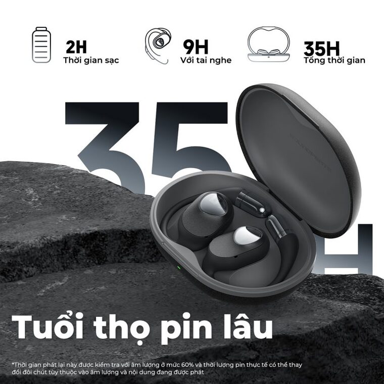 Sạc 2 tiếng sử dụng đến 9 tiếng và kèm hộp sạc lên đến 35 tiếng.
