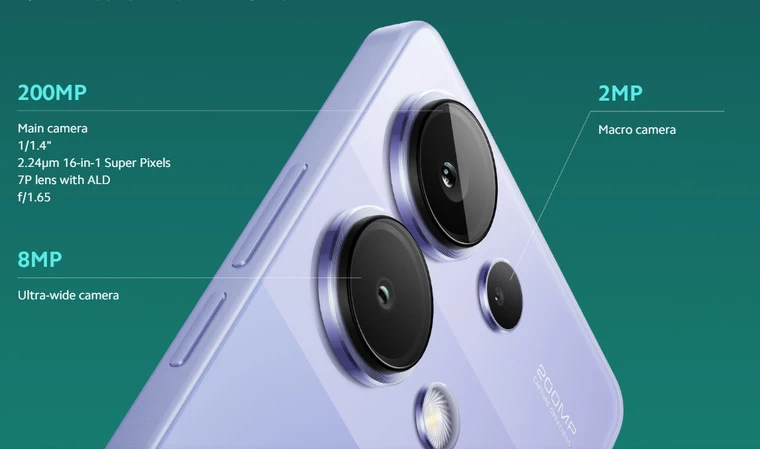 Redmi Note 13 Pro Camera chính 200MP, camera góc siêu rộng 8MP, camera Macro 2MP và camera trước 16MP.