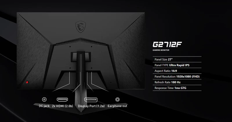 Màn hình MSI G2712F 1x Display Port (1.2a), 2x HDMI (2.0b) và jack âm thanh.