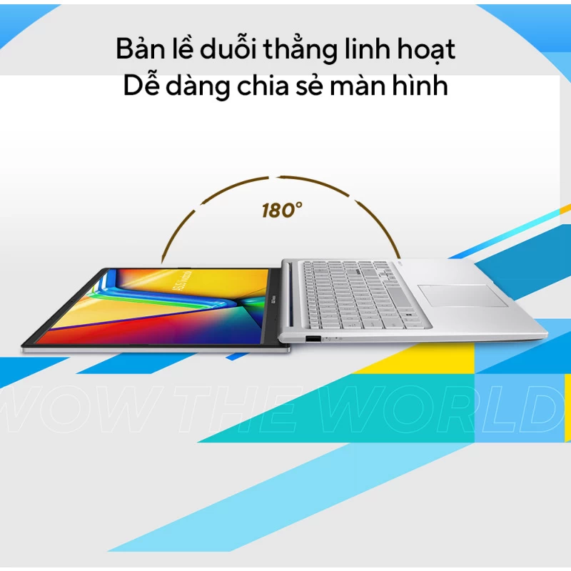 ASUS Vivobook 15 X1504VA-NJ069W Bản lề duỗi thẳng linh hoạt, dễ dàng chia sẻ màn hình.