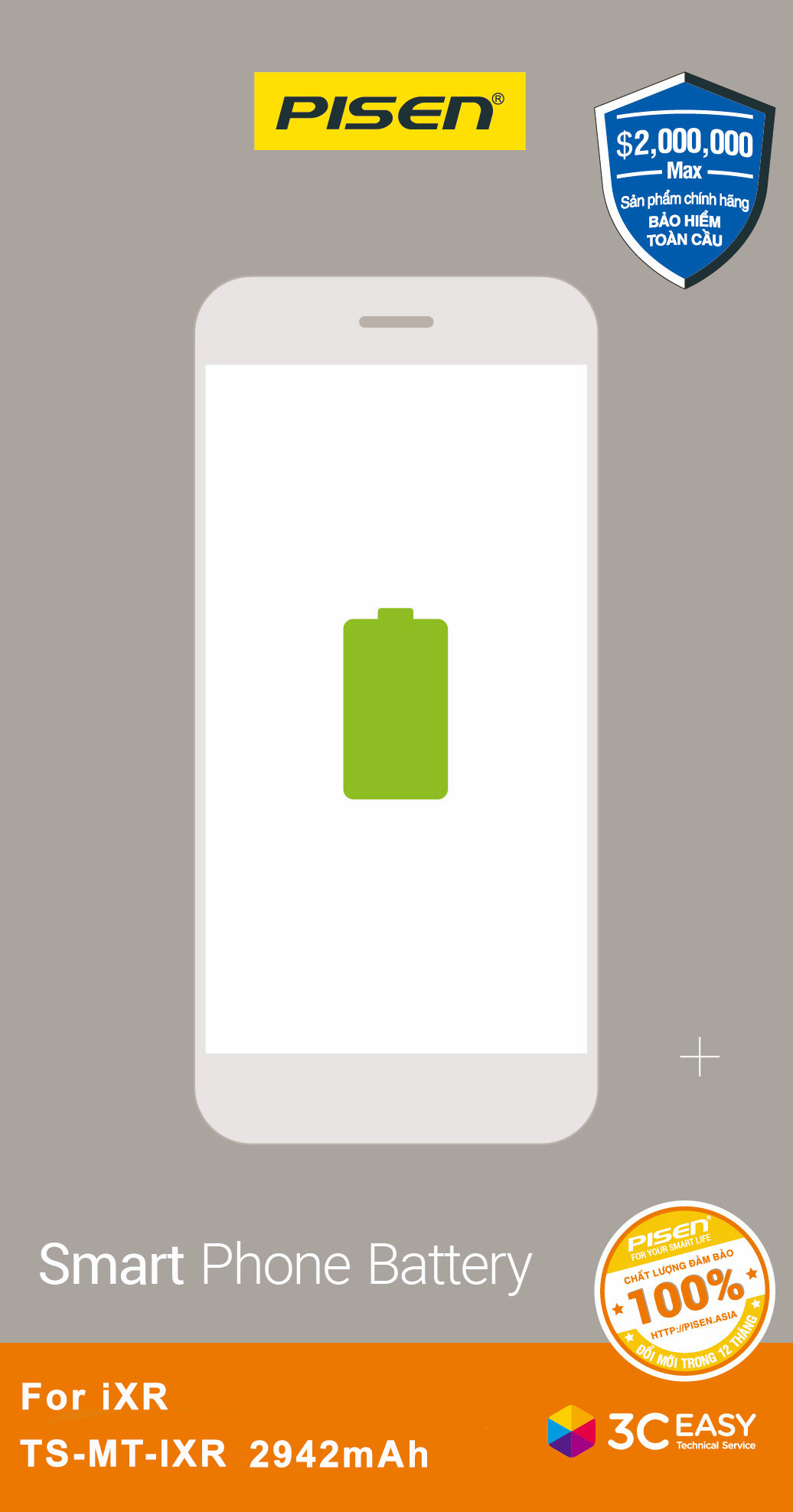 Pin iPhone XR Chính Hãng PISEN (Dung lượng chuẩn 2942mAh)