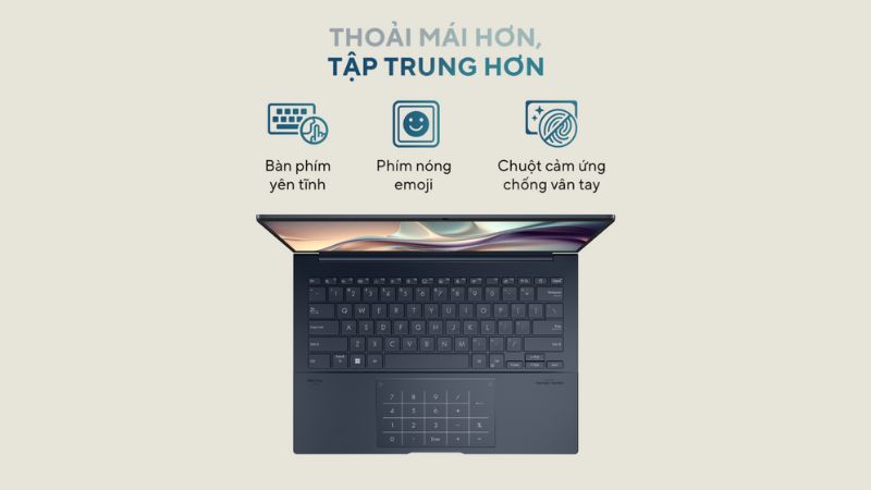 Bàn phím trên laptop ASUS Zenbook 14 OLED UX3405MA-PP151W mang đến cho người dùng một cái nhìn hiện đại và tinh tế
