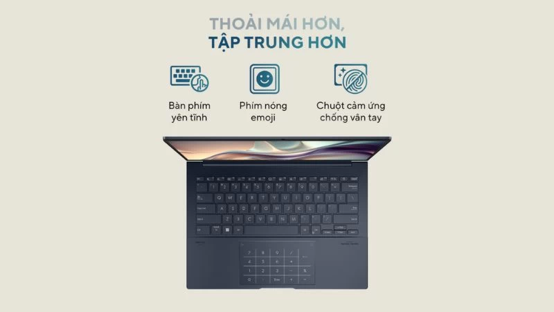 Bàn phím trên laptop ASUS Zenbook 14 OLED UX3405MA-PP151W mang đến cho người dùng một cái nhìn hiện đại và tinh tế Bàn phím trên laptop ASUS Zenbook 14 OLED UX3405MA-PP151W mang đến cho người dùng một cái nhìn hiện đại và tinh tế