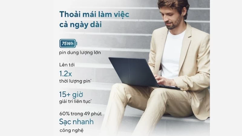 Thoải mái di chuyển với thời lượng pin ấn tượng trên laptop ASUS Zenbook 14 OLED UX3405MA-PP151W Thoải mái di chuyển với thời lượng pin ấn tượng trên laptop ASUS Zenbook 14 OLED UX3405MA-PP151W