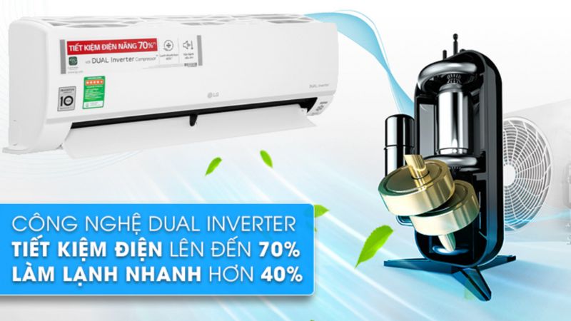Máy lạnh LG Inverter 12.000 BTU (1.5 HP) V13API1 tiết kiệm năng lượng tới 70% nhờ công nghệ Dual Inverter hiện đại, vận hành êm ái