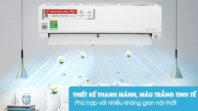 Máy lạnh LG Inverter 9.200 BTU (1 HP) V10API1 được thiết kế với phong cách hiện đại và thanh lịch Máy lạnh LG Inverter 9.200 BTU (1 HP) V10API1 được thiết kế với phong cách hiện đại và thanh lịch