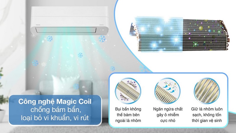 Dàn lạnh của máy lạnh Toshiba Inverter 12.000 BTU (1.5 HP) RAS-H13Z1KCVG-V được bao phủ một lớp phủ đặc biệt mang tên Magic Coil
