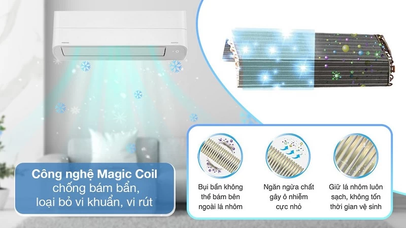 Dàn lạnh của máy lạnh Toshiba Inverter 12.000 BTU (1.5 HP) RAS-H13Z1KCVG-V được bao phủ một lớp phủ đặc biệt mang tên Magic Coil Dàn lạnh của máy lạnh Toshiba Inverter 12.000 BTU (1.5 HP) RAS-H13Z1KCVG-V được bao phủ một lớp phủ đặc biệt mang tên Magic Coil
