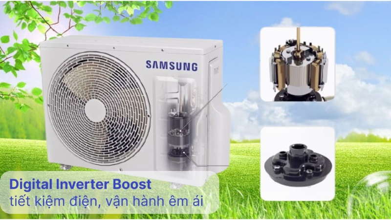 Dàn nóng của máy lạnh Samsung Inverter 9.000 BTU (1 HP) AR10DYHZAWKNSV được thiết kế với hình hộp chữ nhật chắc chắn