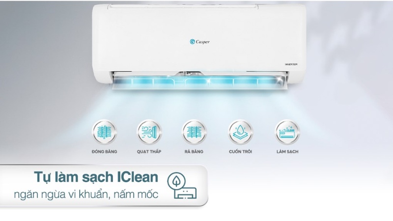 Chức năng tự động làm sạch iClean trên máy lạnh Casper Inverter 9.000 BTU (1 HP) TC-09IS35 loại bỏ bụi bẩn, vi khuẩn và nấm mốc