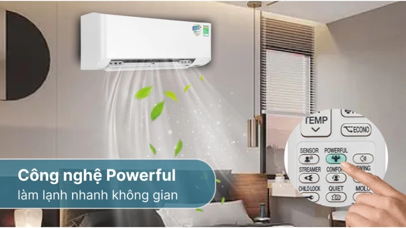 Công nghệ Powerful trên máy lạnh Daikin Inverter 9.200 BTU (1 HP) FTKY25WMVMV là tính năng giúp nhanh chóng làm mát căn phòng Công nghệ Powerful trên máy lạnh Daikin Inverter 9.200 BTU (1 HP) FTKY25WMVMV là tính năng giúp nhanh chóng làm mát căn phòng