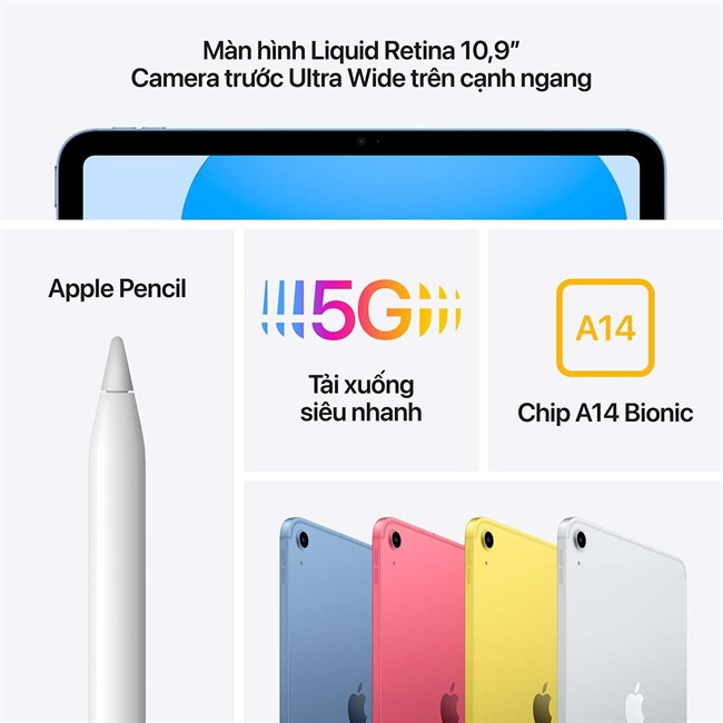 iPad Gen 10 10.9 inch (2022) 5G với bộ vi xử lý Apple A14 Bionic hiện đại, hỗ trợ linh hoạt Magic Keyboard Folio