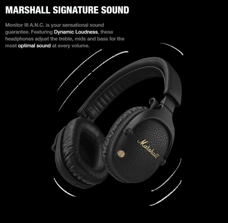 Adaptive Loudness là một tính năng giúp tai nghe không dây Marshall Monitor III A.N.C tự động điều chỉnh âm lượng và âm sắc Adaptive Loudness là một tính năng giúp tai nghe không dây Marshall Monitor III A.N.C tự động điều chỉnh âm lượng và âm sắc