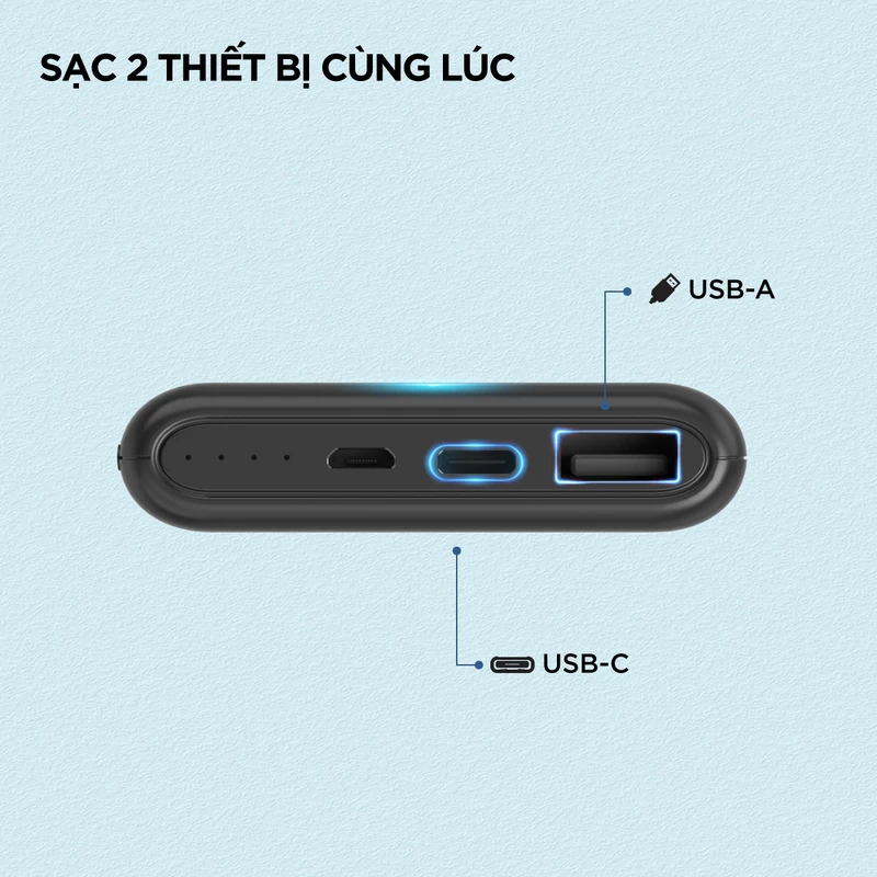 2 cổng sạc ra, sạc 2 thiết bị cùng lúc. 2 cổng sạc ra, sạc 2 thiết bị cùng lúc.
