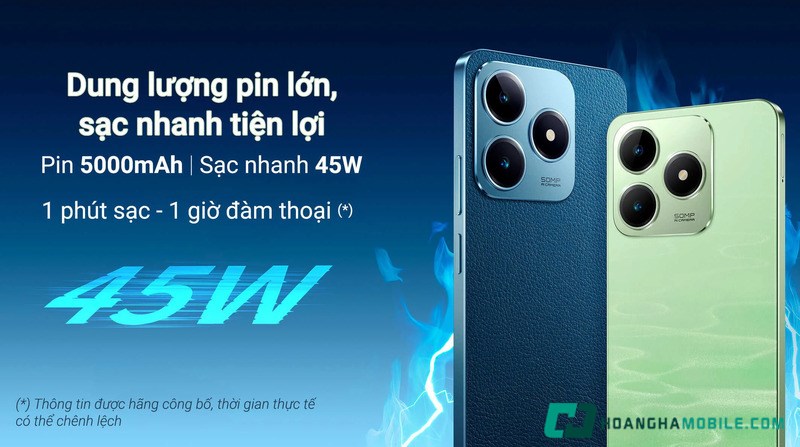 Dung lượng pin 5000mAh và sạc nhanh SUPERVOOC 45W trên điện thoại realme C65s Dung lượng pin 5000mAh và sạc nhanh SUPERVOOC 45W trên điện thoại realme C65s