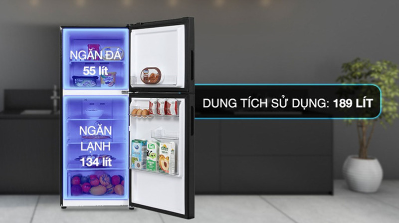 Tủ lạnh Aqua Inverter AQR-T220FA(FB) có tổng dung tích 200 lít, trong đó dung tích sử dụng thực tế là 189 lít