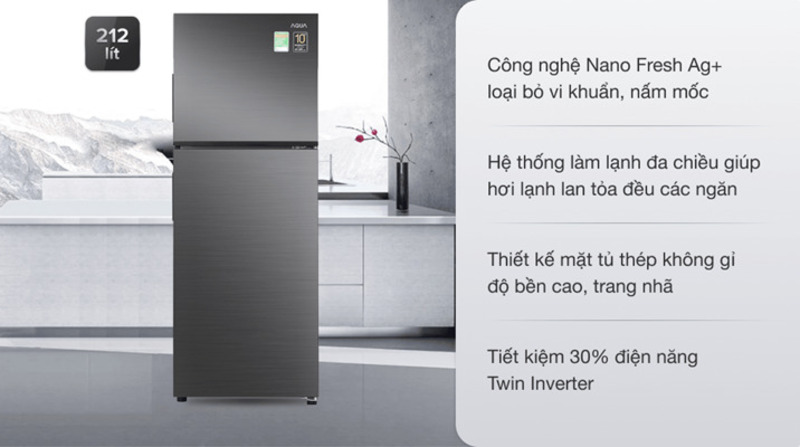 Tủ lạnh Aqua Inverter 212 lít AQR-T239FA(HB) có tổng dung tích 222 lít, trong đó dung tích sử dụng thực tế là 212 lít