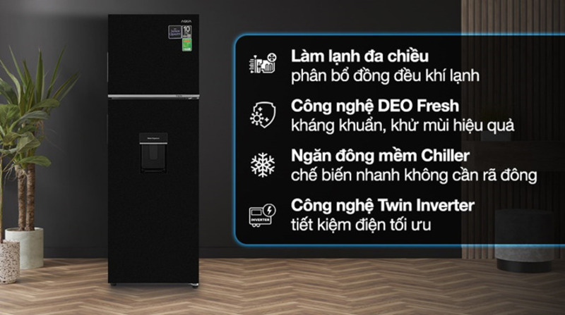 Tủ lạnh Aqua Inverter AQR-T300FA(WFB) có tổng dung tích 298 lít, trong đó dung tích sử dụng thực tế là 279 lít