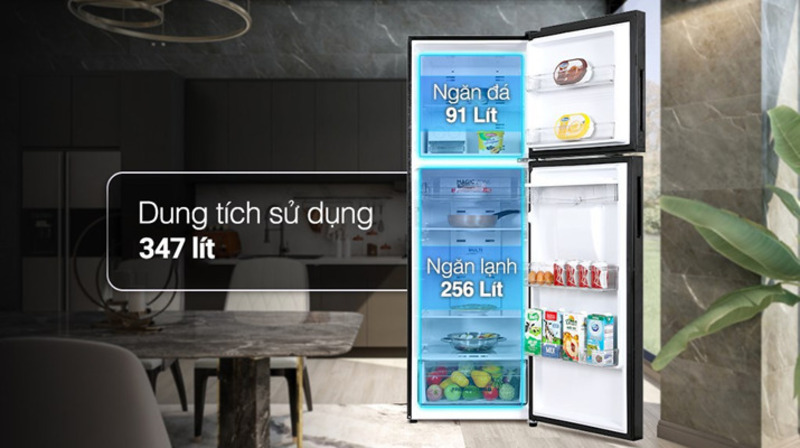 Tủ lạnh Aqua Inverter 347 lít AQR-T400FA(WFB) có tổng dung tích 374 lít, trong đó dung tích sử dụng thực tế là 347 lít