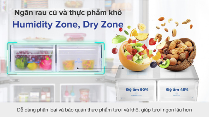 Công nghệ bảo quản thực phẩm với ngăn Humidity Zone và Dry Zone trên Aqua Inverter 456 lít Multi Door AQR-IG525AM GB