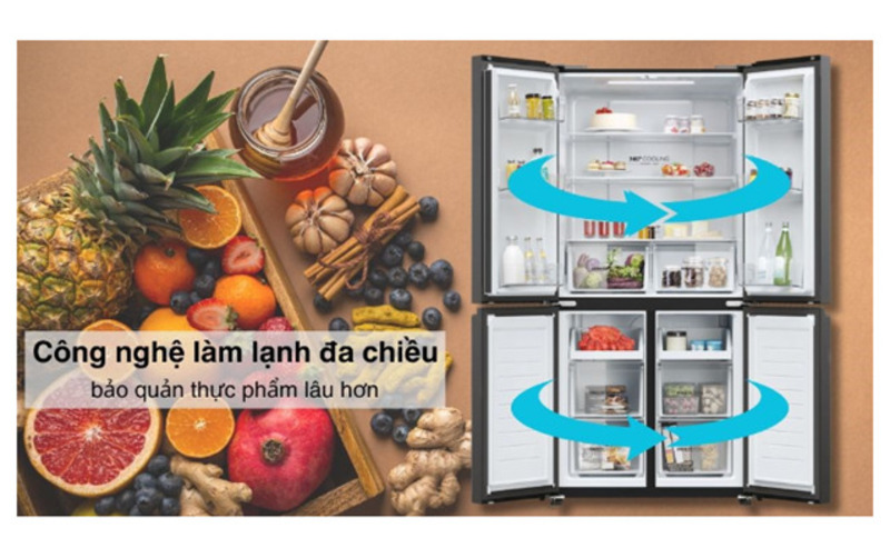 Công nghệ làm lạnh đa chiều là một trong những điểm mạnh của tủ lạnh Aqua Aqua Inverter 469 lít AQR-M532XA(CBC)