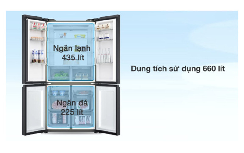 Dung tích sử dụng 660 lít với không gian trữ thực phẩm của tủ lạnh Aqua Inverter Multi Door-M727XA(GS)U1