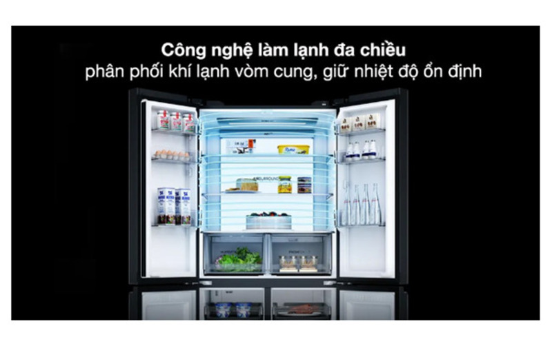 Tủ lạnh Aqua AQR-M727XA(GS)U1 được trang bị công nghệ làm lạnh đa chiều, giúp phân bố khí lạnh đều khắp các ngăn, đảm bảo mọi khu vực trong tủ luôn được làm lạnh ổn định