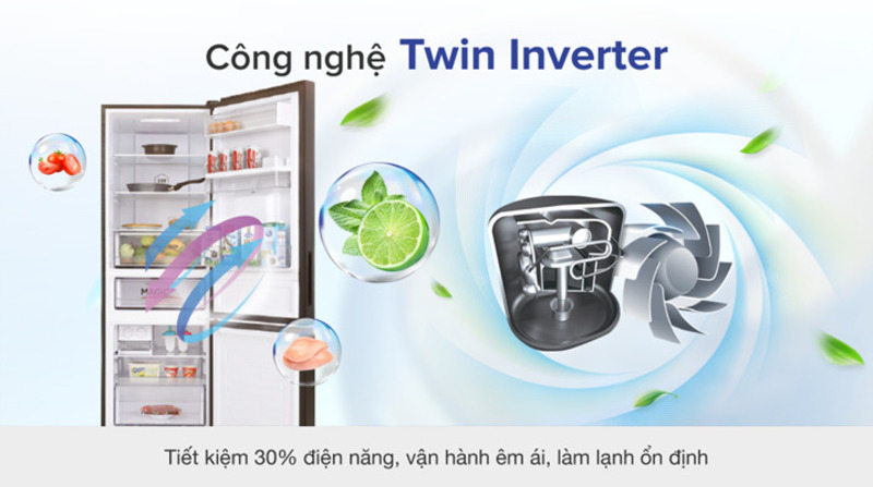 Aqua Inverter 320 lít AQR-B379MA(WGB) sử dụng công nghệ tiết kiệm điện với Twin Inverter