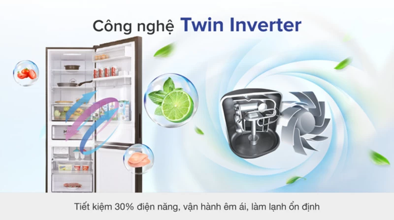 Aqua Inverter 320 lít AQR-B379MA(WGB) sử dụng công nghệ tiết kiệm điện với Twin Inverter Aqua Inverter 320 lít AQR-B379MA(WGB) sử dụng công nghệ tiết kiệm điện với Twin Inverter