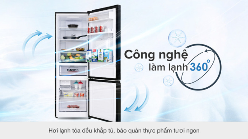 Một trong những ưu điểm nổi bật của tủ lạnh Aqua AQR-B379MA(WGB) là công nghệ làm lạnh 360 độ
