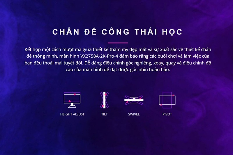 Thiết kế công thái học linh hoạt, tối ưu trải nghiệm sử dụng dài lâu của màn hình gaming ViewSonic VX2758A-2K-PRO-4 Thiết kế công thái học linh hoạt, tối ưu trải nghiệm sử dụng dài lâu của màn hình gaming ViewSonic VX2758A-2K-PRO-4