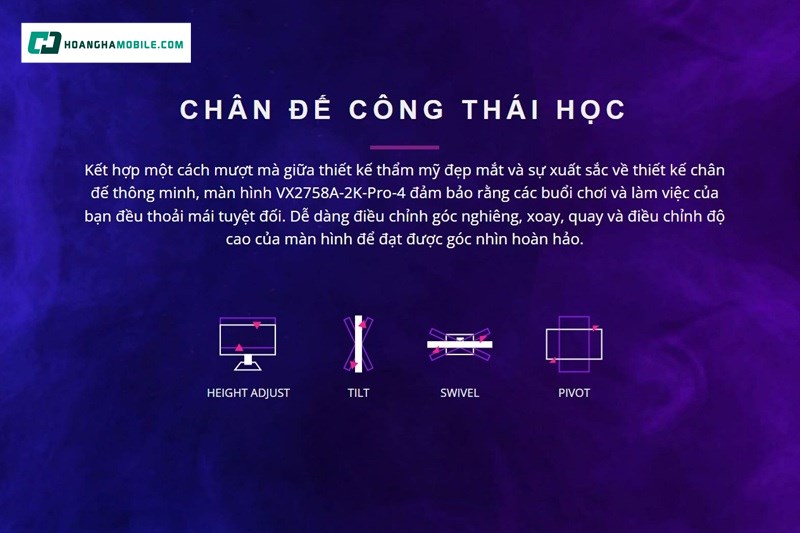 Thiết kế công thái học linh hoạt, tối ưu trải nghiệm sử dụng dài lâu của màn hình gaming ViewSonic VX2758A-2K-PRO-4