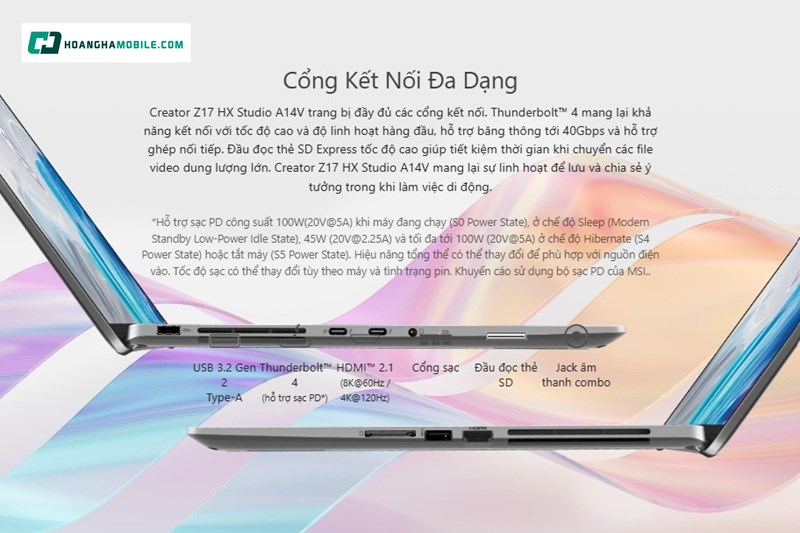 Kết nối toàn diện trên laptop MSI Creator Z17 HX Studio A14VGT. Kết nối toàn diện trên laptop MSI Creator Z17 HX Studio A14VGT.