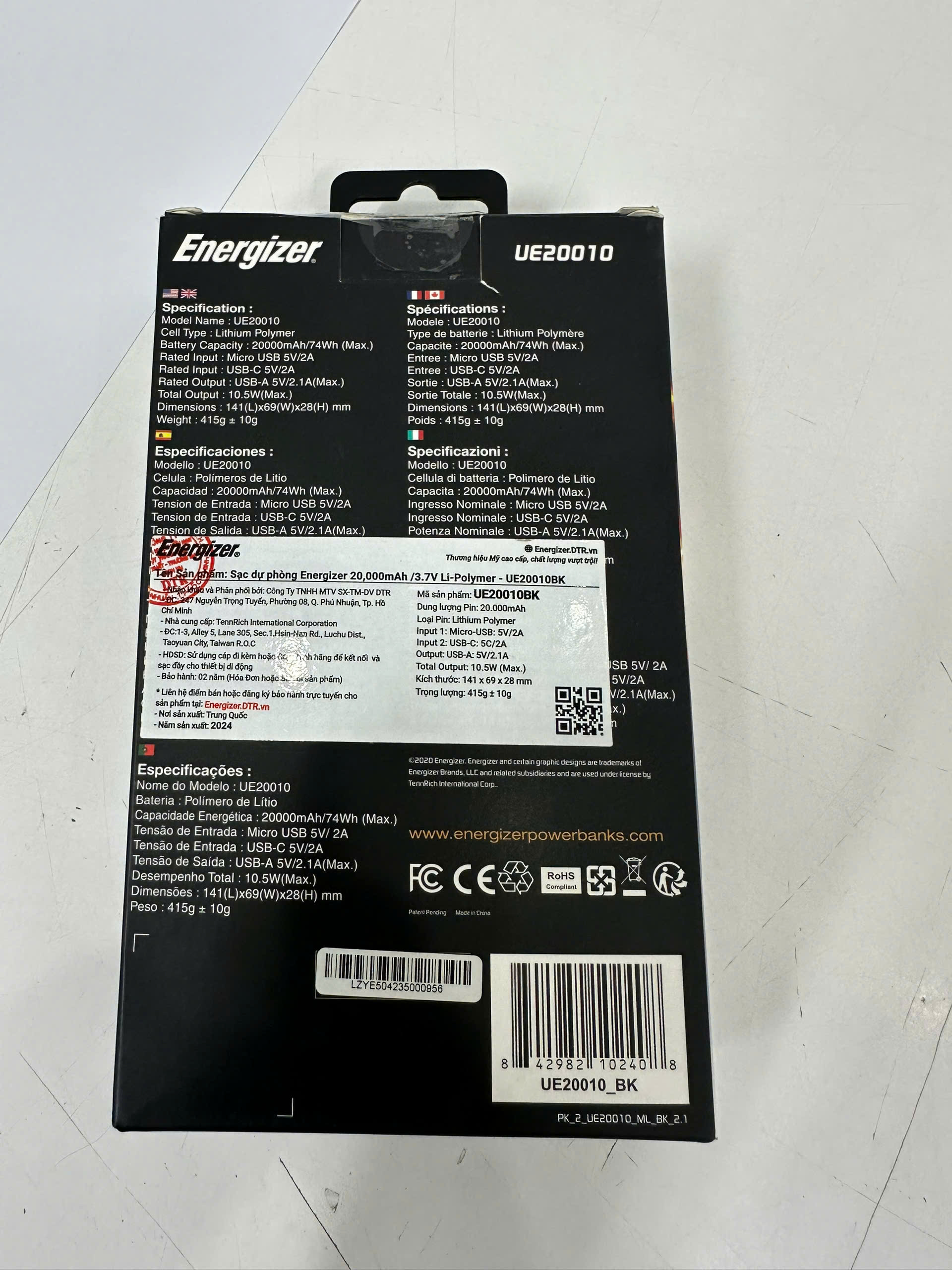 Sạc dự phòng Energizer 20000mAh/3.7V Li-Polymer - UE20010BK 