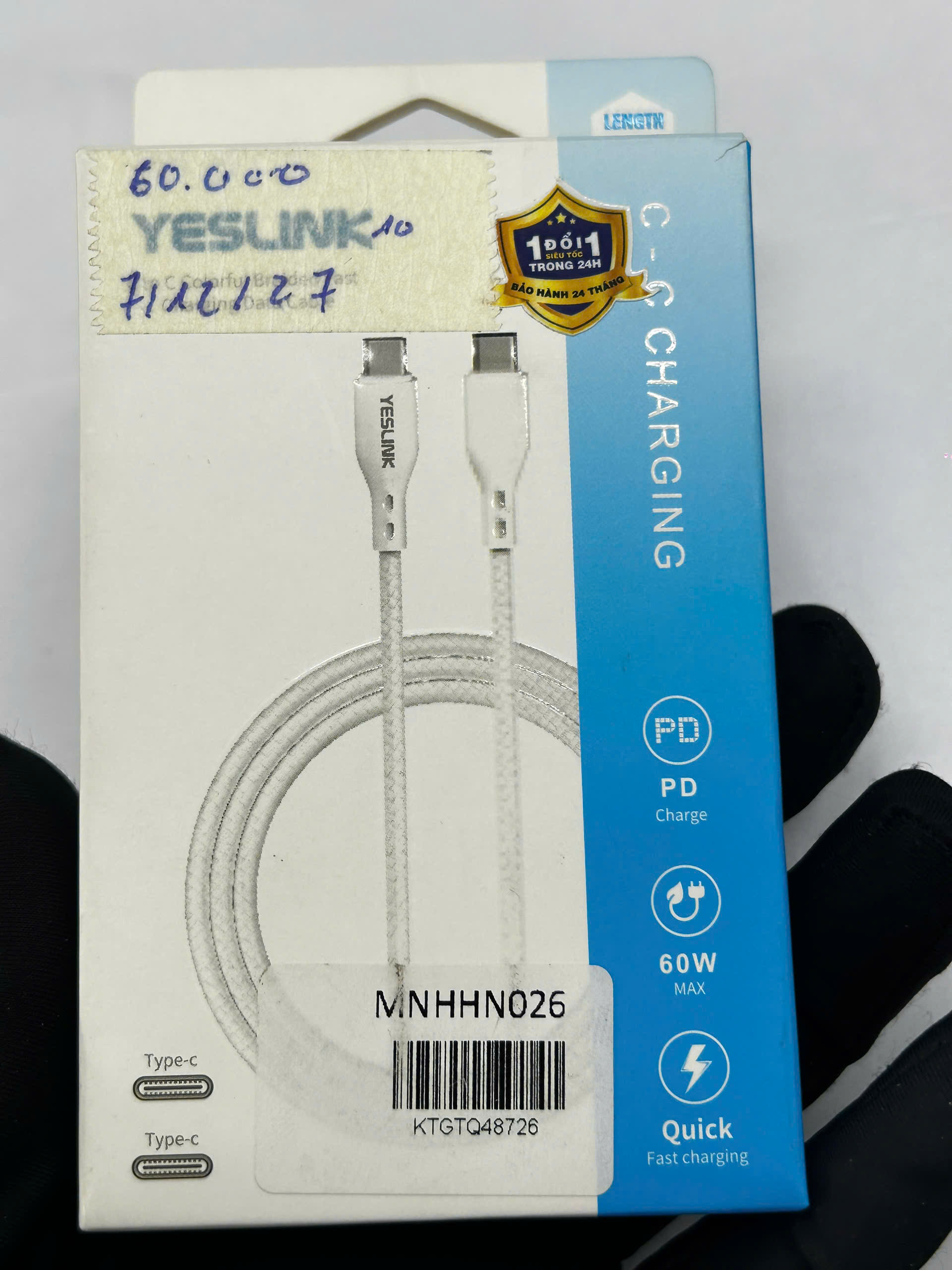 Cáp sạc Yeslink Type-C to Type-C (C-C) - KTGTQ48726 - YLCCWHT