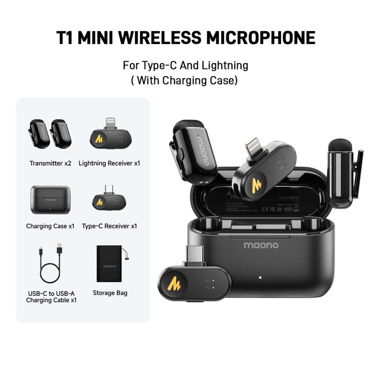 Micro thu âm không dây MAONO WM622 PBC2 (Type-C và Lightning)