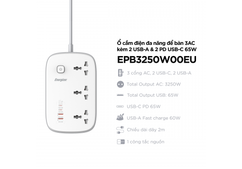 Ổ điện đa năng 3AC kèm 2USB-A và 2USB-C sạc nhanh PD (max 65W)