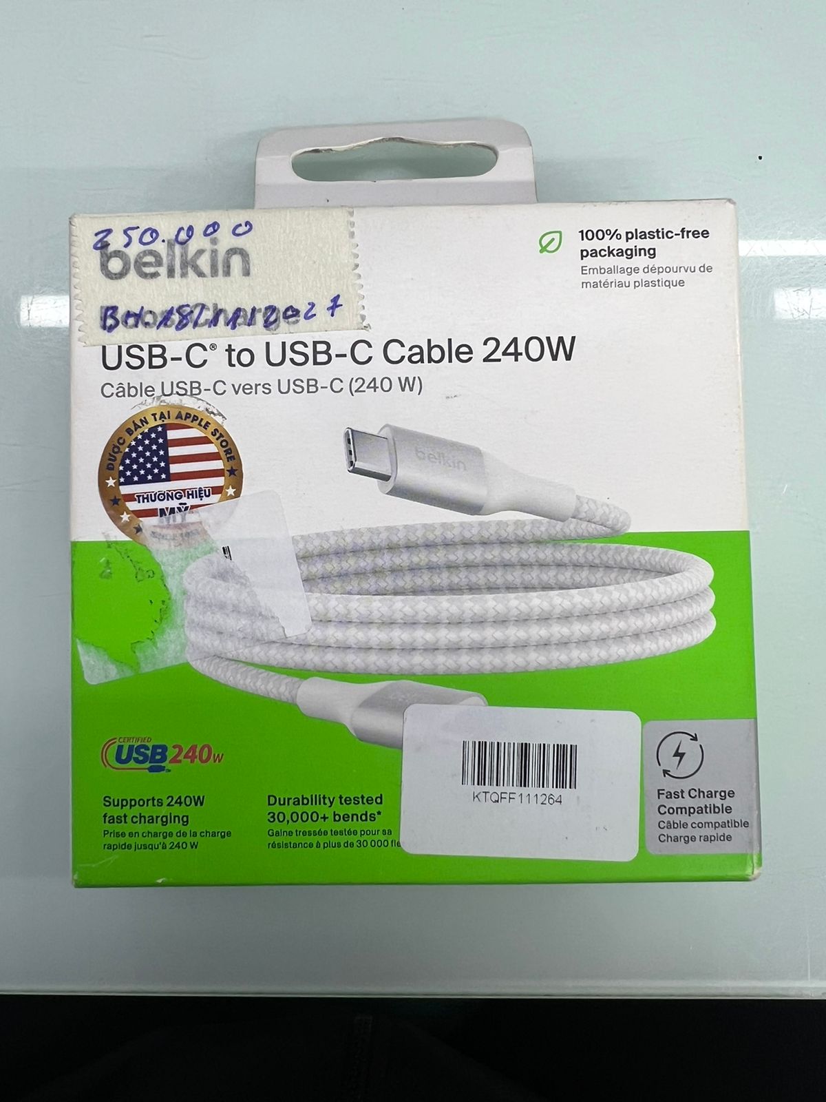 Cáp USB Type C - C PD3.1,1 mét, vỏ dù, công suất 240W with Dual E-Marker màu trắng Belkin