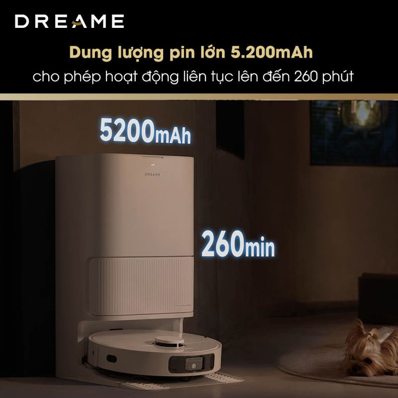 Pin 5200mAh tích hợp trên robot hút bụi lau sàn Dreame D20 Ultra - Dọn dẹp liên tục lên đến 260 phút