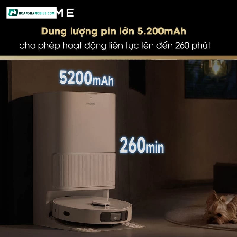 Pin 5200mAh tích hợp trên robot hút bụi lau sàn Dreame D20 Ultra - Dọn dẹp liên tục lên đến 260 phút Pin 5200mAh tích hợp trên robot hút bụi lau sàn Dreame D20 Ultra - Dọn dẹp liên tục lên đến 260 phút